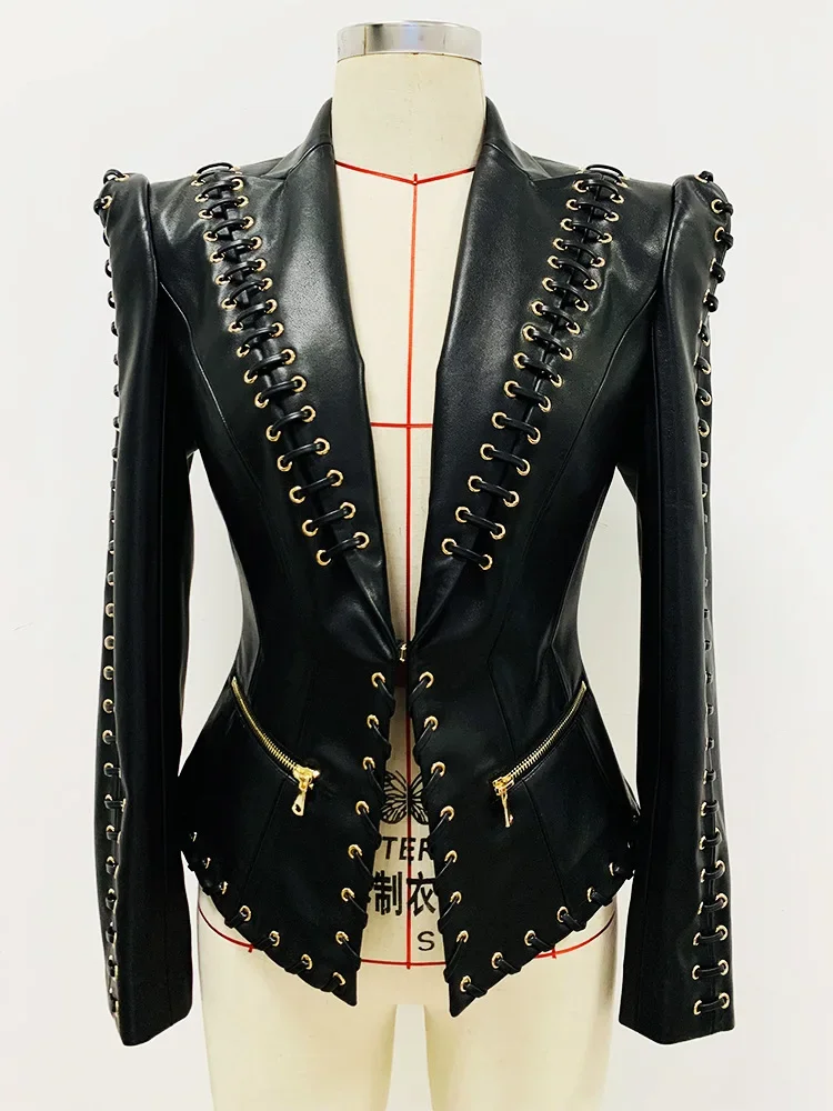 HIGH QUALITY Newest Fashion 2024 Designer Jacket Women\'s Rope Lacing Up Slim Fitting Leather Blazer