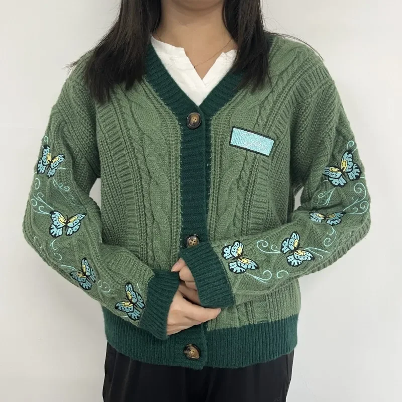 Cardigan Vert Foncé avec Papillon Brodé pour Femme, Pull avec Lettres Patchs, Nouvelle Collection Automne Hiver 2024