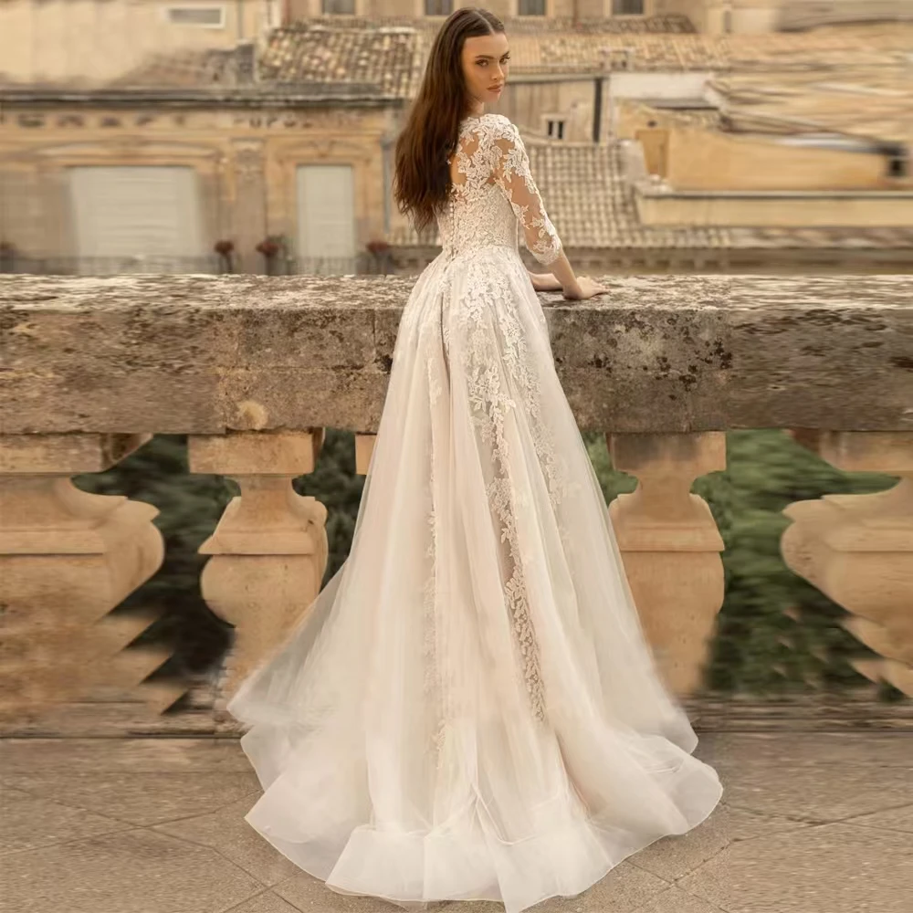 Elegant Sheer O-neck Wedding Dresses for Bride Lace Long Sleeves Appliques A Line Bridal Gowns Bohemian Vestido De Noiva