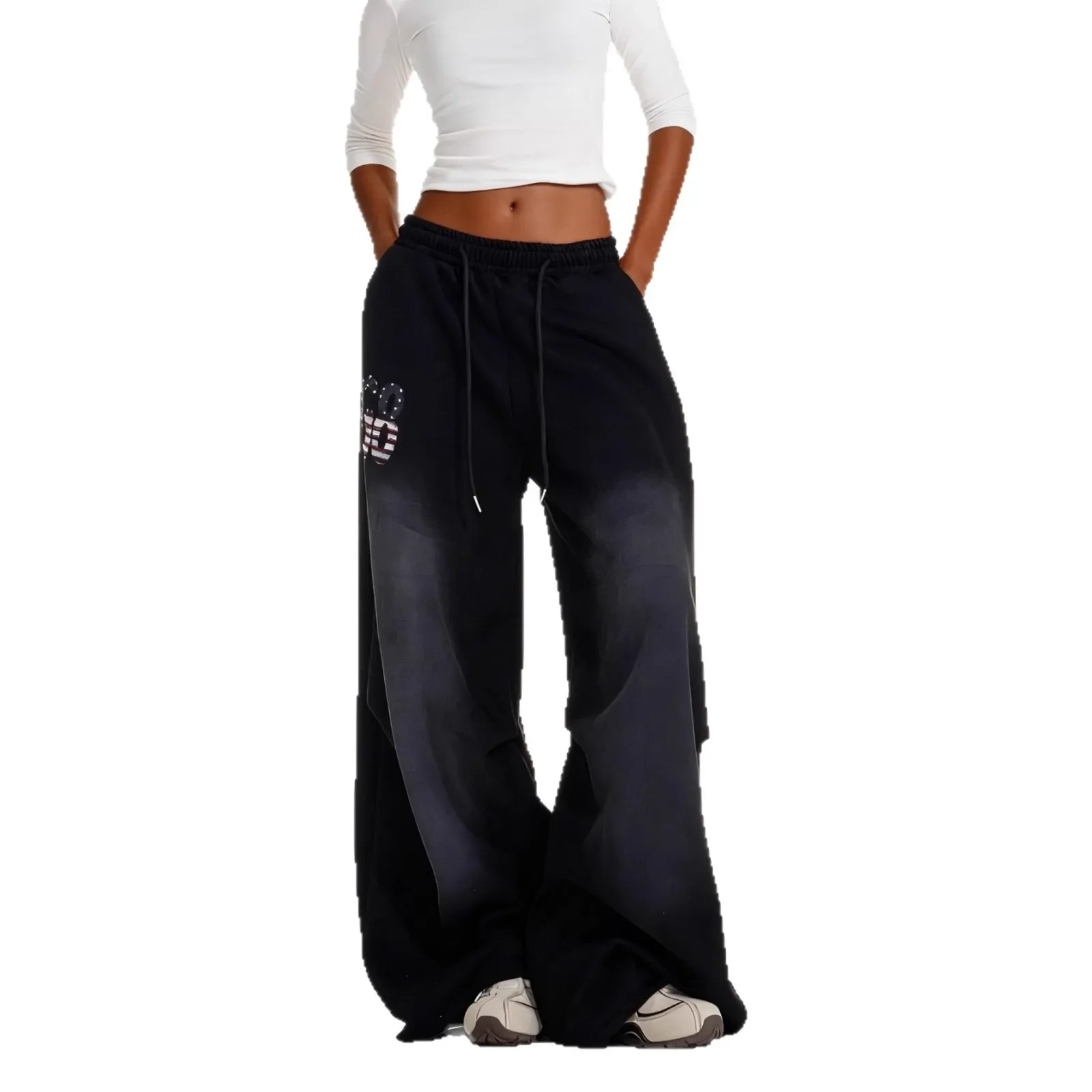 Retro Spice Girl Printed Black Casual Sweatpants Women's Autumn New Loose Versatile Dancing Wide Leg Pants