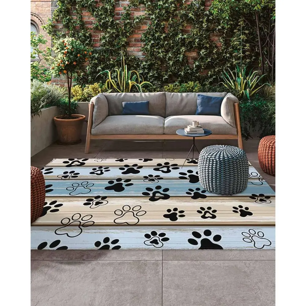 

Retro Blue Dog Paw Patio Rug - Non-Slip, Absorbent Wood Grain Outdoor Mat for Deck, Backyard, Porch Decor