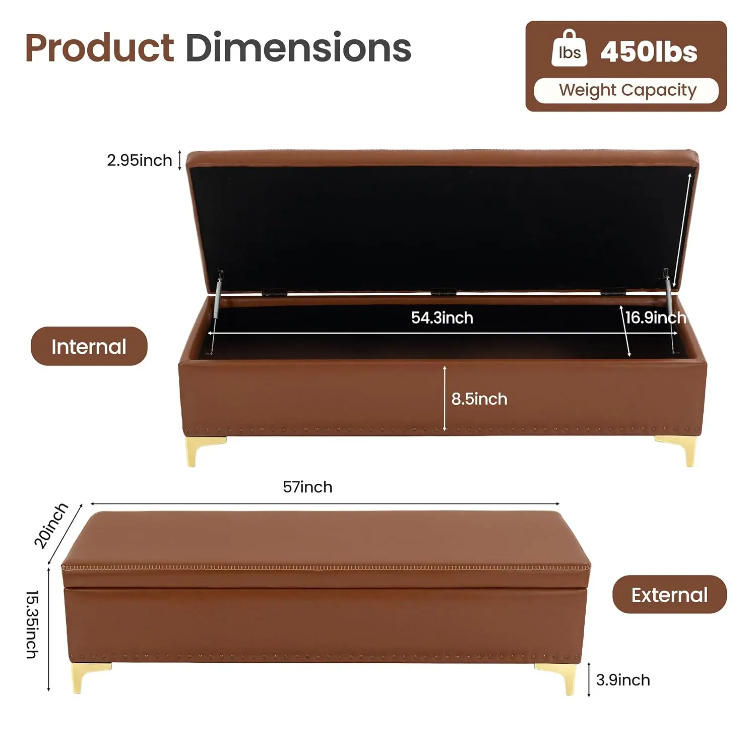57'' Large PU Leather Storage Ottoman Bench End Of Bed, Customized