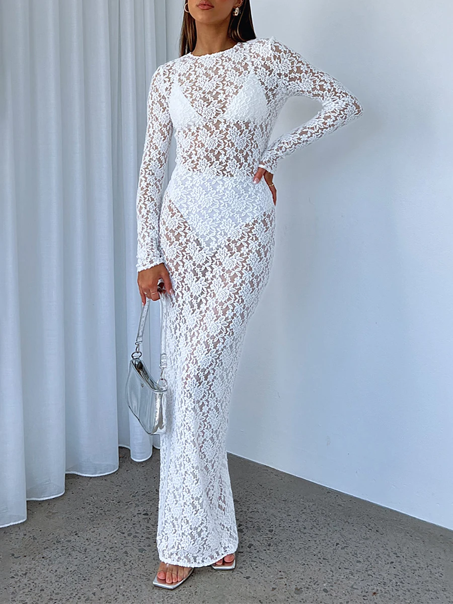 

Women s Lace Long Dress Vintage Long Sleeve Round Neck Solid Color Bodycon Dress Party Gown