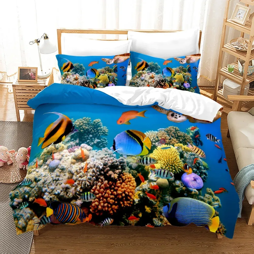 Ocean Duvet Cover Set Polyester Underwater World Clownfish Shark Quilt Cover Sea Animal Theme Double Queen King Size Bedding Set