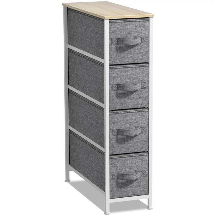 

Narrow Dresser with 4 Drawers Vertical Slim Storage Chest of Drawers with Steel Frame, Wood Top amp Easy Pull Fabric Bins for Sm