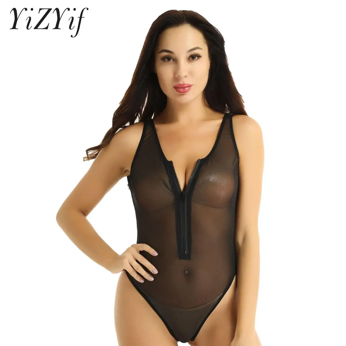 

Women's Sexy Sheer Mesh Lingerie Bodysuit Jumpsuit Teddy Babydoll Catsuit Sleeveless Front Zipper Leotard Nightwear Clubwear