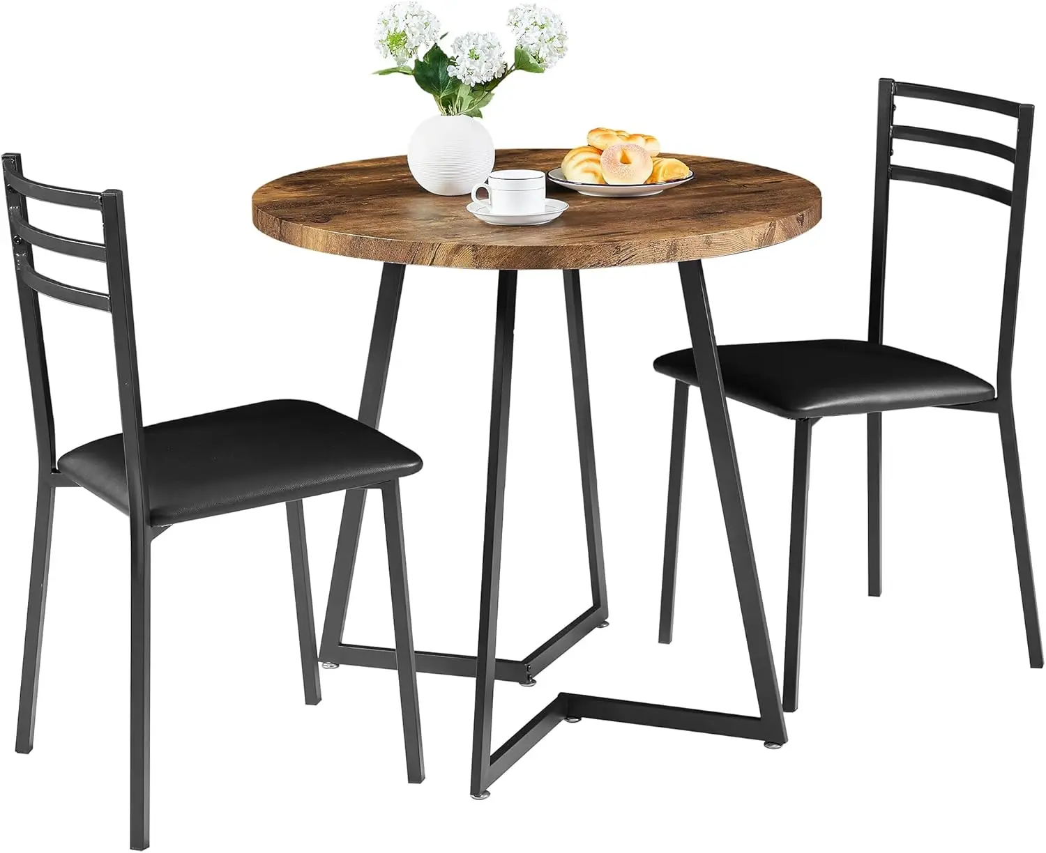 Vecelo Round Kitchen Table With 2 Upholstered Chairs, 3-Piece Wood Dinette Sets With Steel Frame For Breakfast Nook, Dining