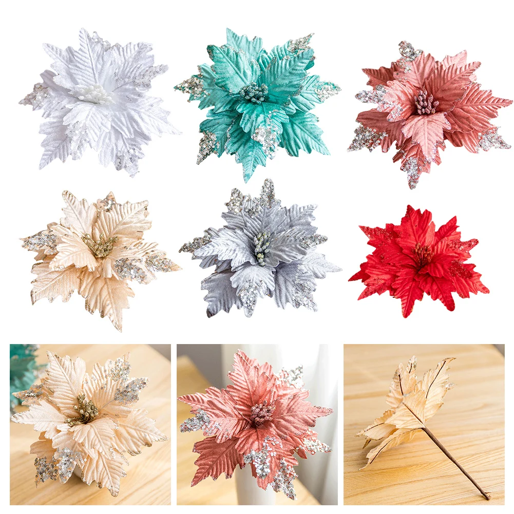 25cm Glitter Sequines Christmas Flower Artificial Flower For Christmas Tree Decoration Xmas Fake Flower 2024 New Year Home Decor