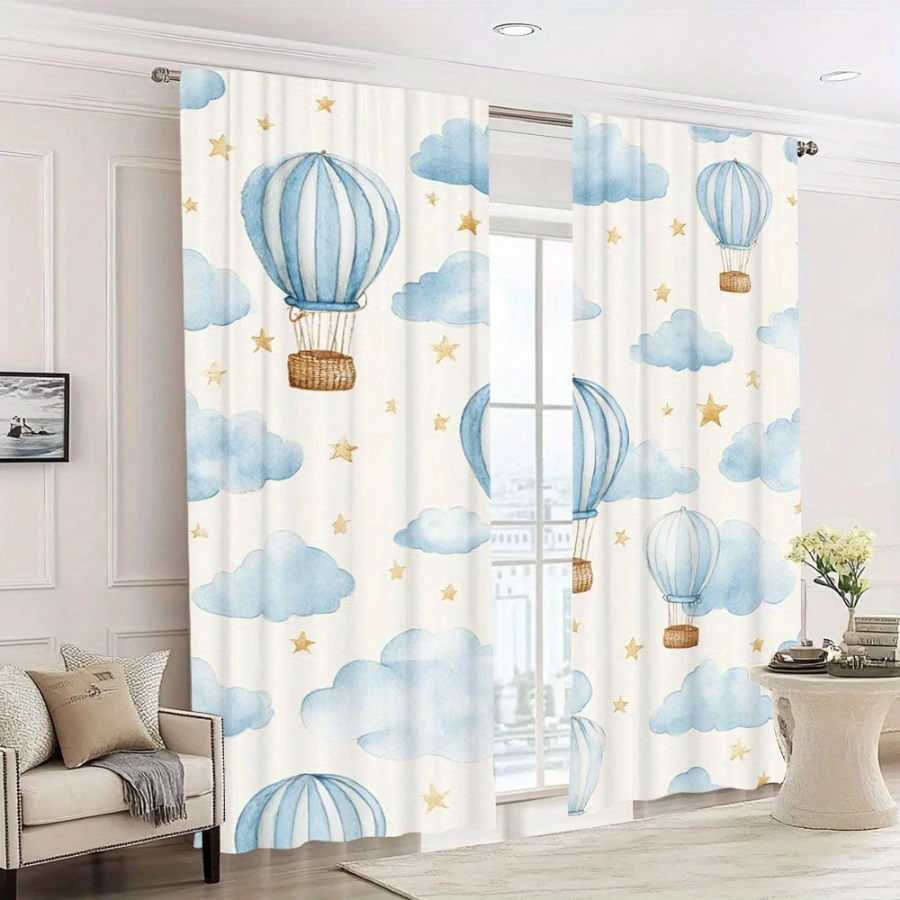 2PCS Digital Printed Curtains, Blue Cloud Hot Air Balloon Design, Modern Minimalist Style for Bedroom Living Room Decor