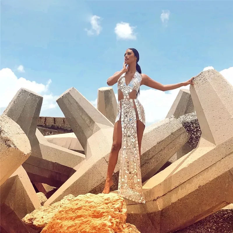 Vestido corto transparente con diamantes de imitación plateados, traje sexy para fiesta de cantante, Club y celebración de cumpleaños