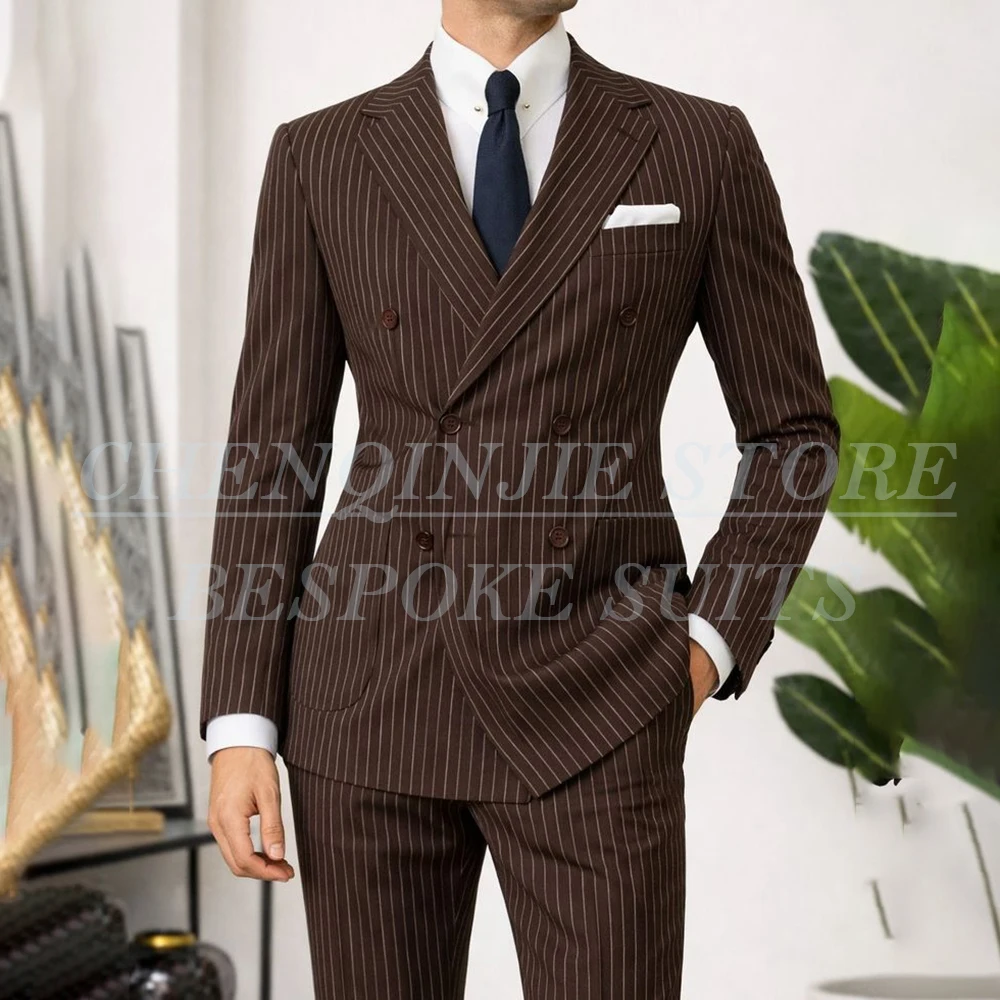 

Customized Brown Pinstripe Men's Suits 2026 Luxury Double Breasted Peak Lapel Skinny 2 Piece Jacket Pants Outfits Clothing