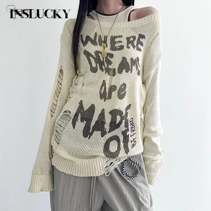 

InsLucky Y2K Street Lazy Style Letter Print Tattered Loose Large Neckline Woolen Long Sleeve Hot Girl Versatile Slim Casual Top