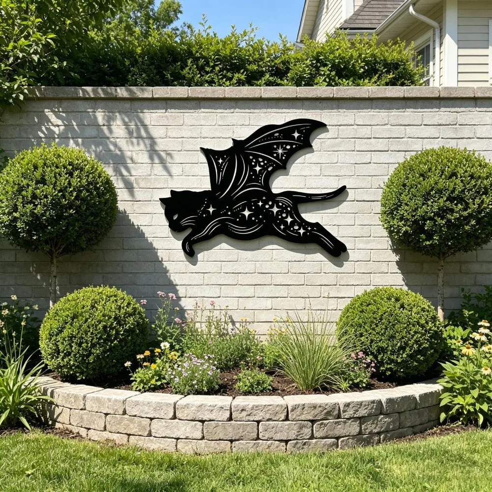 Starry Bat Wing Cat Metal Wall Art, 2D Flat Laser Cut Gothic Celestial Feline Silhouette Wall Sculpture, Dark Academia Witchy