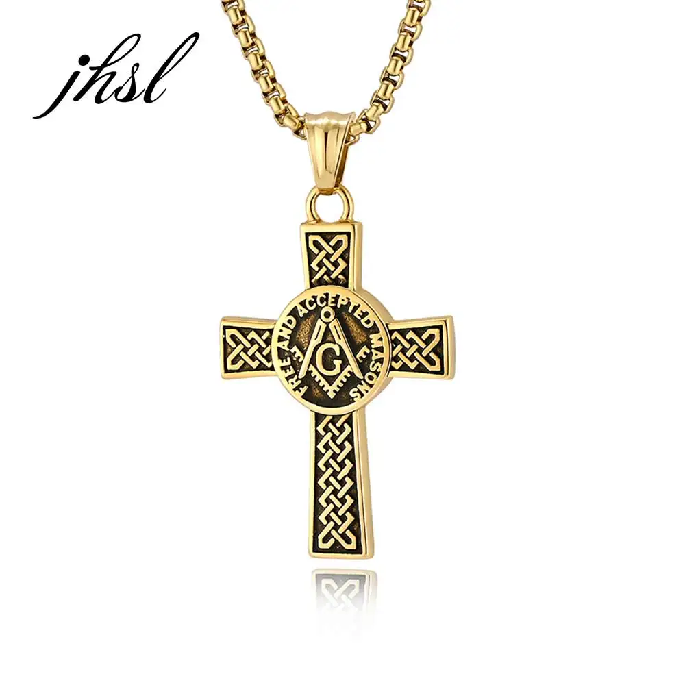

JHSL Men Free-Mason Cross Statement Jesus Cross Pendants Necklace Fashion Jewelry Stainless Steel Silver Gold Color Dropship