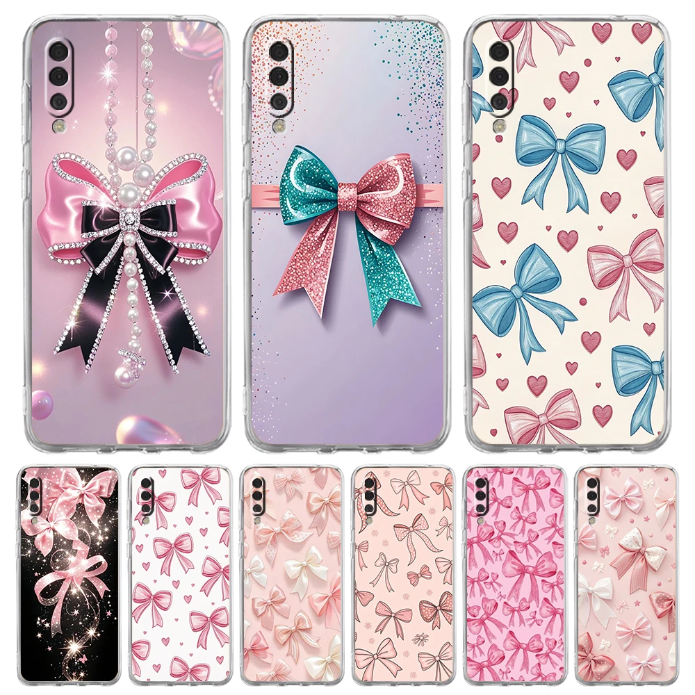 Funda de teléfono transparente para Samsung Galaxy A16 A14 A12 A22 A24 A42 A02 A03S A06 A20 A30 A40 funda suave de TPU patrón de lazo de corazón rosa