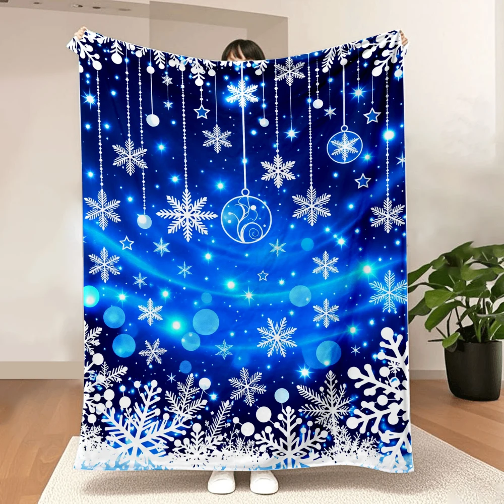 1PC Blue Snowflake and Hanging Print Blanket-Made of soft, fluffy flannel, perfect for a sofa or bed. A holiday choice for winte