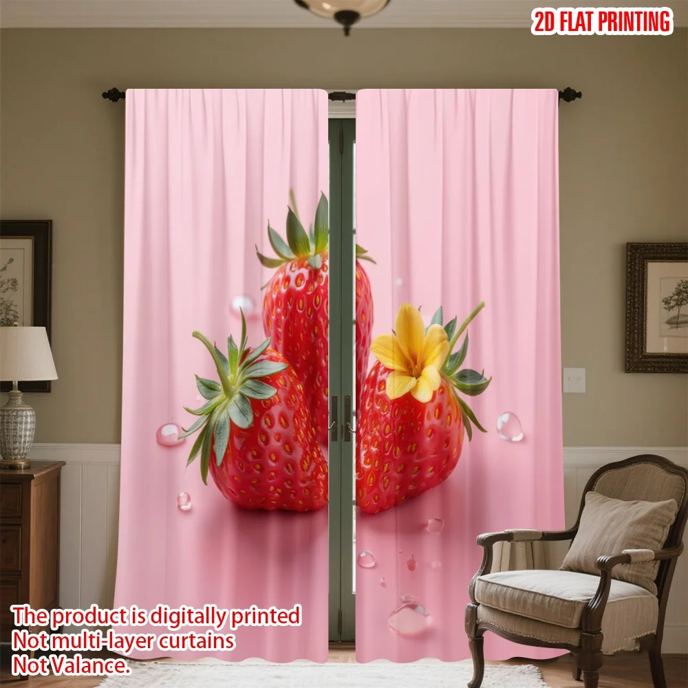 

2D flat printing 2pcs Window Curtains Strawberries with Yellow Flower Digital Printed Polyester Drapes All Season Party &