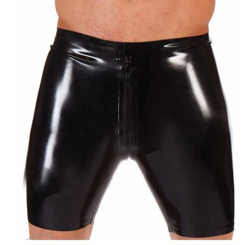 Latex Shorts Rubber Boxer Briefs with Front Crotch Zipper Panties Underwear Pants Party Club Wear Costume ( No Back Zip)