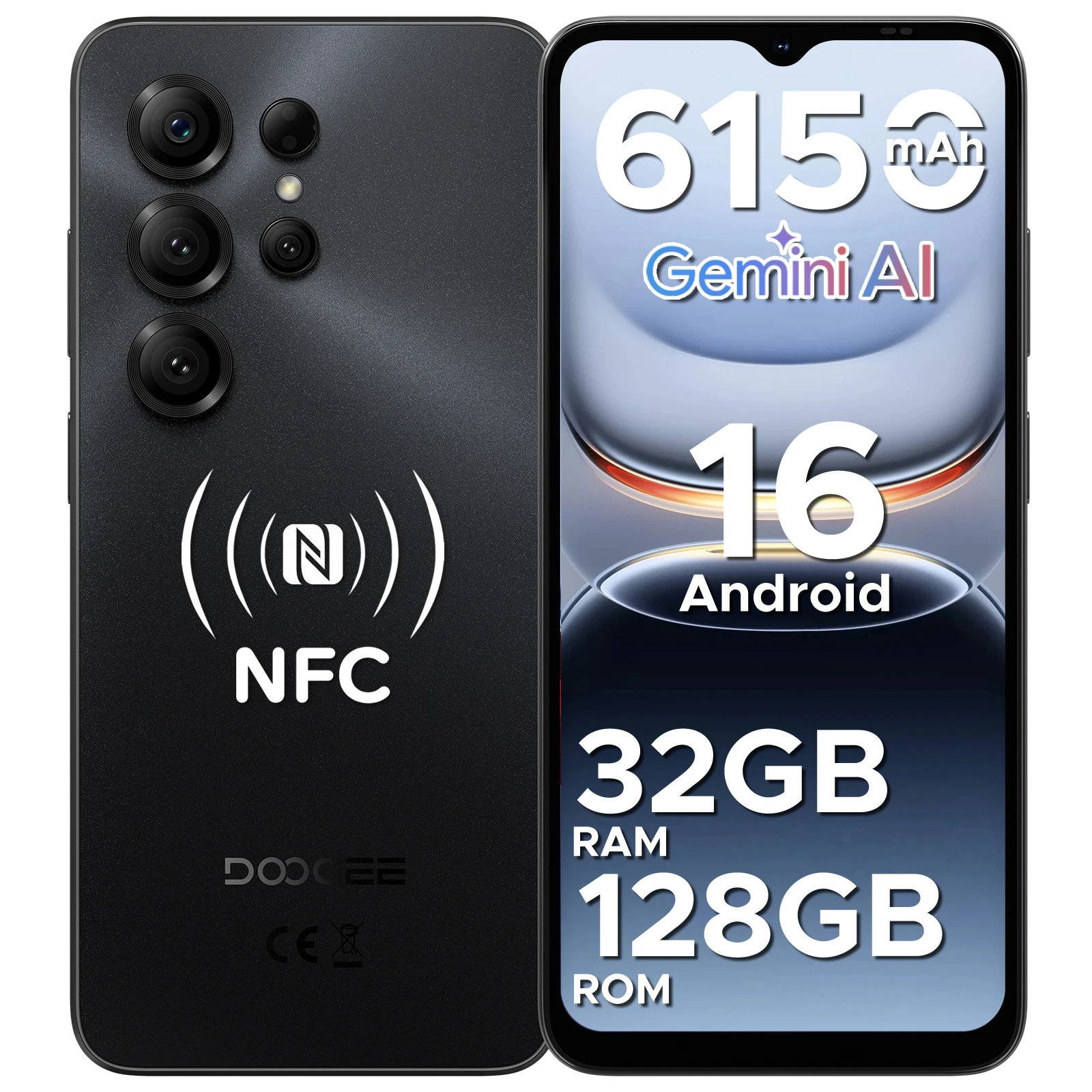 DOOGEE Note56X Pro - Android 16 Telefoon, 6.56" scherm, 6150mAh batterij, 32GB RAM (4+28), 128GB opslag, ondersteuning voor Google Pay, Widevine L1