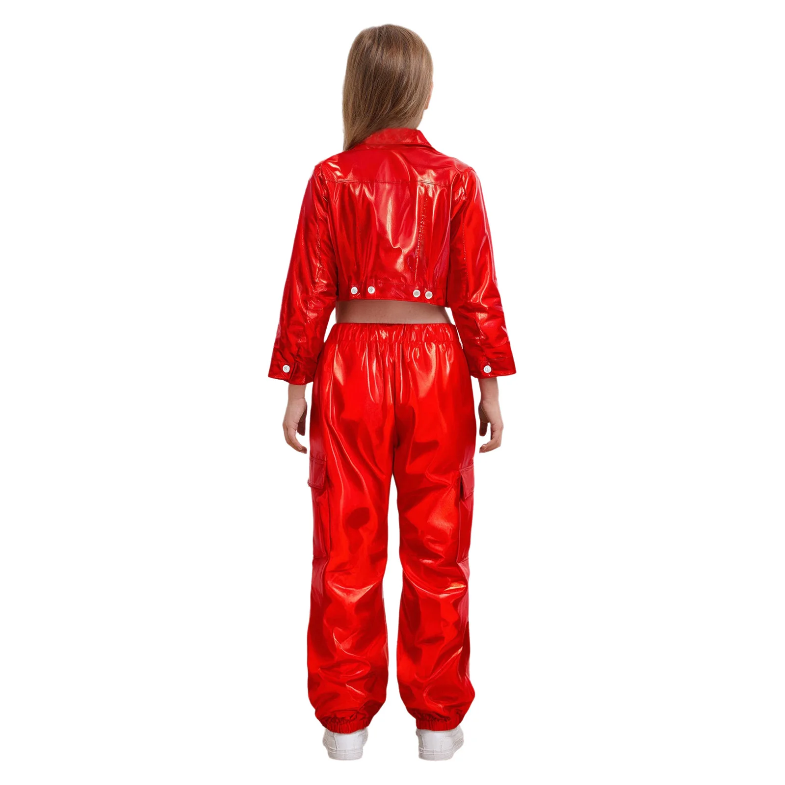 Kids Boys Girls Metallic Hip-Hop Jazz Dance Outfits Long Sleeve Zipper Jacket Outwear with Shiny Pants Skateboarding Streetwear