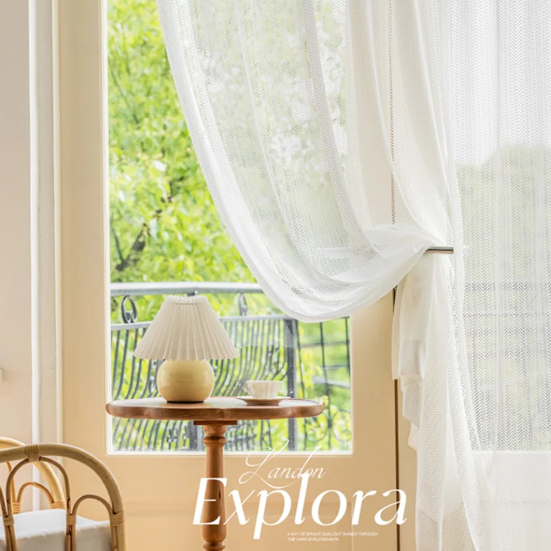 Japanese Herringbone Texture White Tulle Curtains for Living Dining Room Bedroom Luxury Wedding Fashion Decoration Drapes 커튼