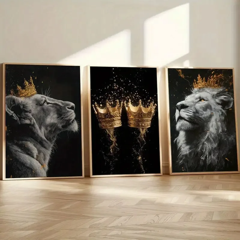 3pcs/set, Golden Crown and Lion Canvas Wall Art, Modern Animal Canvas Painting, for Living Room, Bedroom Home Decoration