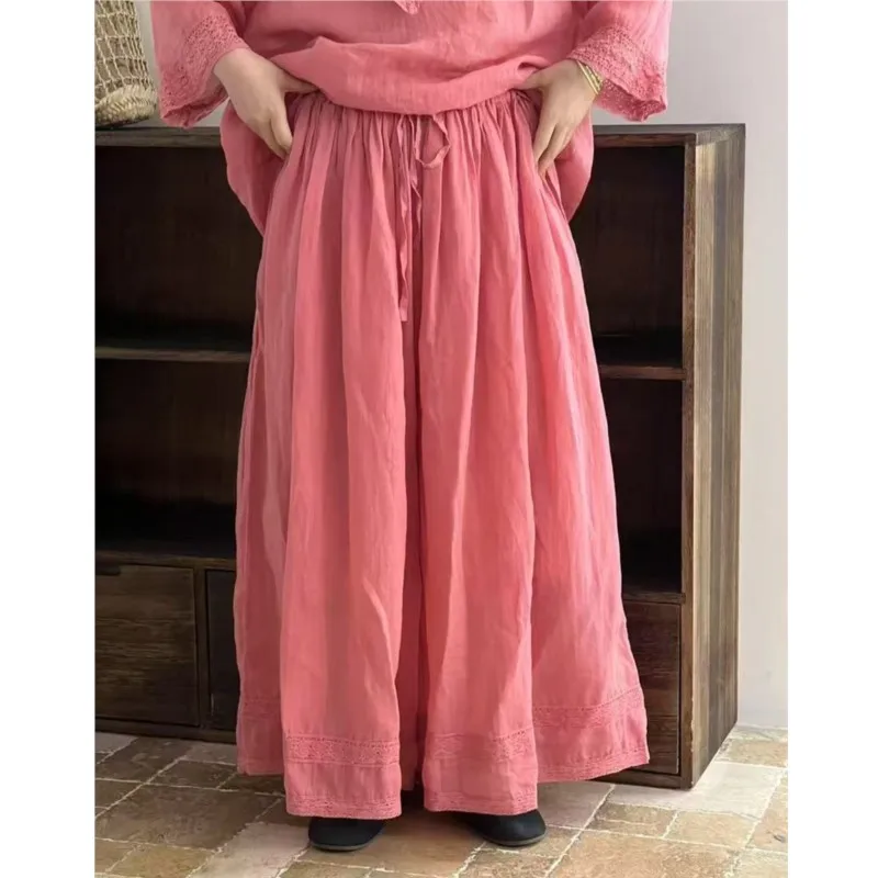 Johnature Ramie Patchwork Lace Pants Women Summer 2025 New Lace-up Elastic Waist High-waisted Cropped Pants