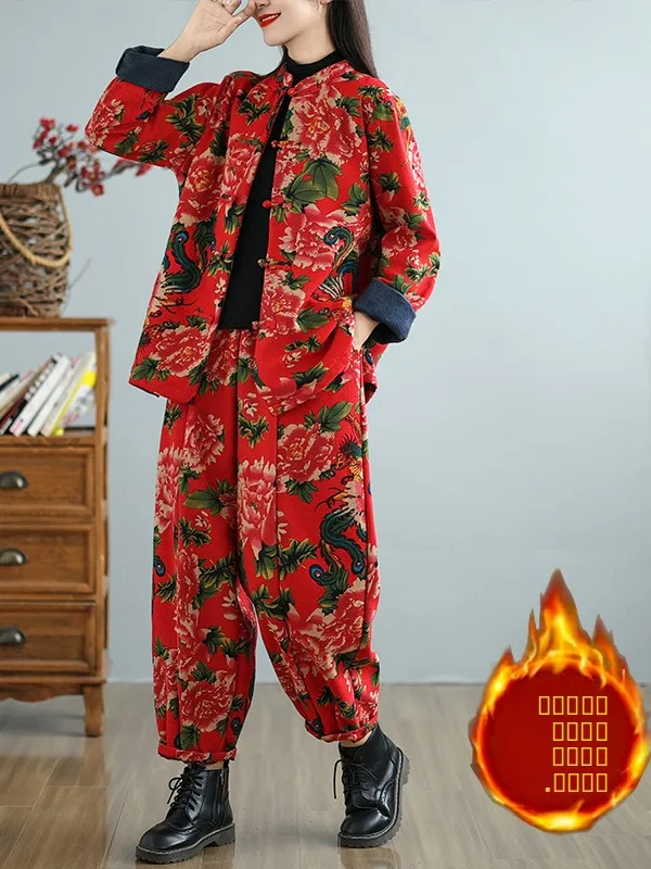 

Large Size High-End Autumn Winter Cotton Jaet Top Casual Pants Set Flutton up Faionable Women's Ensemble