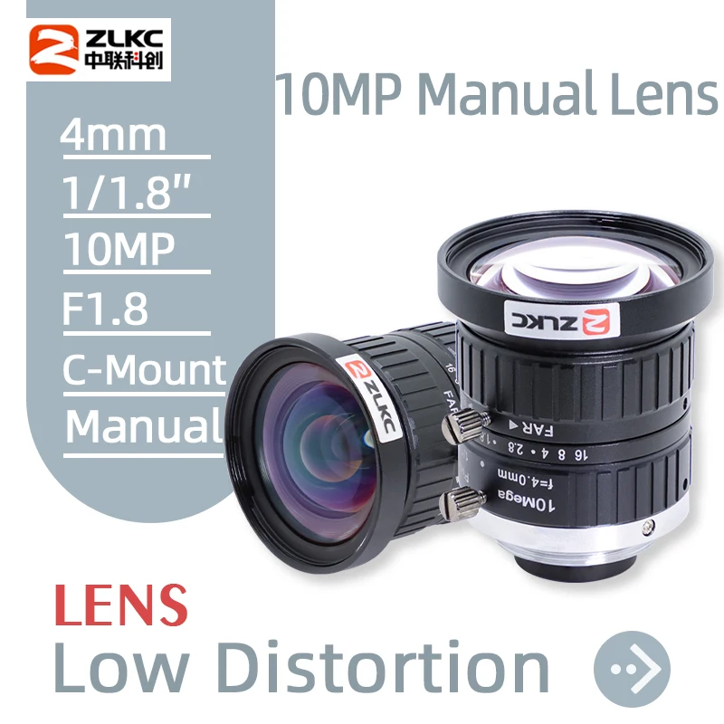 ZLKC 4mm Wide-Angle Lens 1/1.8 Inch 10MP Low Distortion C Mount Lens Manual Iris F1.8 FA for Machine Vision Camera