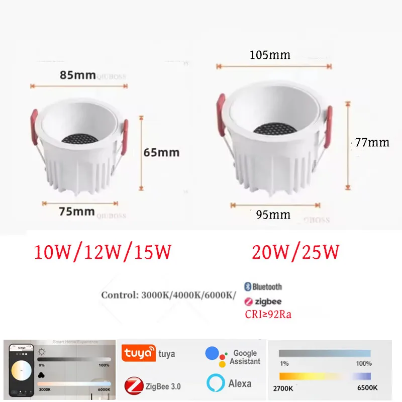 TUYA ZIGBEE/Bluetooth APP Intelligente ingebedde anti-glare LED-downlight 10W 85-265V Spotlight 24W Intelligente huisverlichting