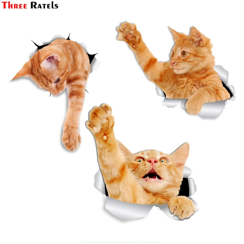 Three Ratels FTC-1097 3D Reaching Ginger Cat Sticker for Car Bumper Sticker Decal for Toilet Refrigerator Kitchen Cabient Window