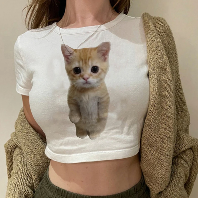 Graphic Sweet Funny Cat T Shirt Crop Top Women Shirt Cropped Ulzzang T-shirt 90s Tshirt Top Tee Female Gothic Shirt