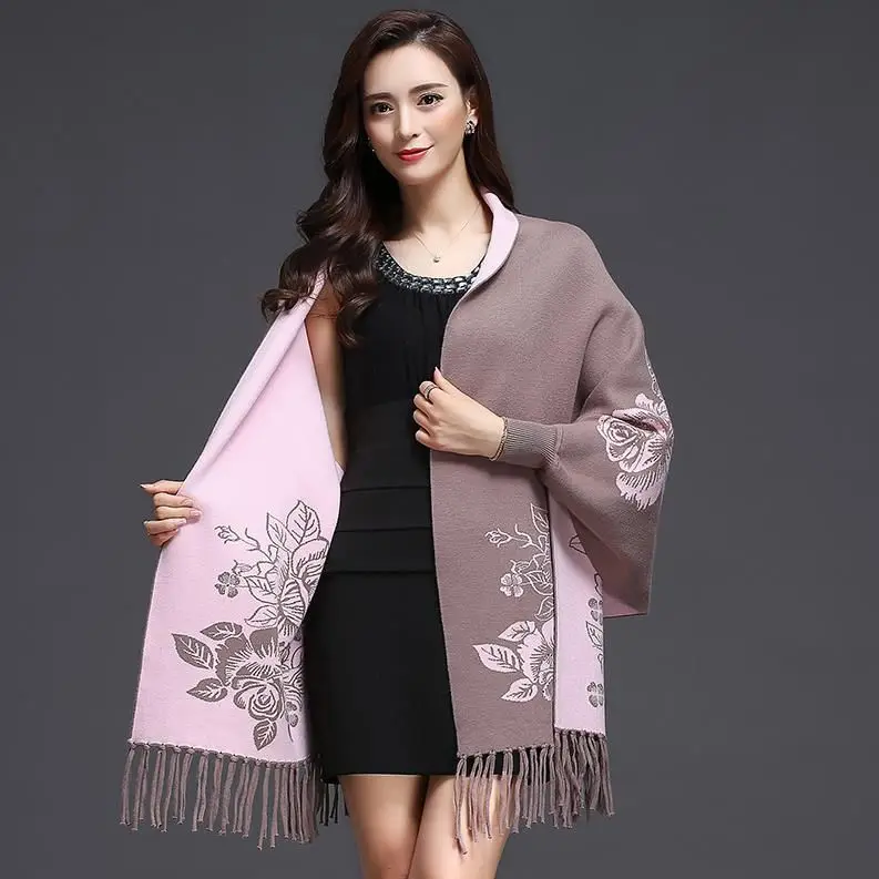 New cashmere tassel poncho shawl dual-purpose scarf women knitted sweater top retro cheongsam cloak cape coat outside clothing