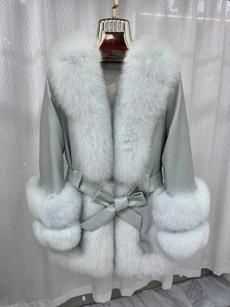 

New Fashion Natural Fox Fur Coat Women's Goose Down Jacket Real Genuine Sheepskin Leather Jacket Warm Luxury Female Coats