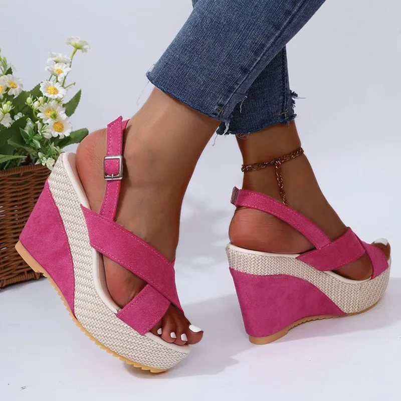 Pink Sandals Women Summer 2024 Platform HighHeels Sandals Summer Shoes Women Wedges Denim Cross Buckle Beach Sandalias Mujer