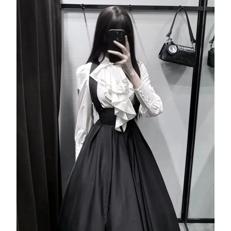 

Lolita Dress 2 Piece Set: Women Bib Collar White Long Sleeve Blouse +Black Draped Suspenders Jumperskirt Harajuku Vestidos