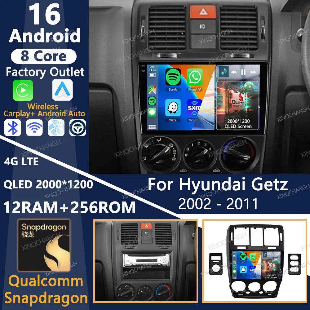 Автомагнитола Android 16 для Hyundai Getz 2002-2011, мультимедийный видеоплеер Qualcomm, Carplay Auto, 4G LTE, 5G WIFI, BT
