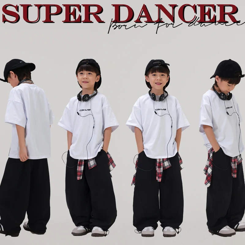 2024 Kids Jazz Dance Performance Costumes For Girls White T-Shirt Black Pants Streetwear Boys Hip Hop Dance Clothing DQS17068