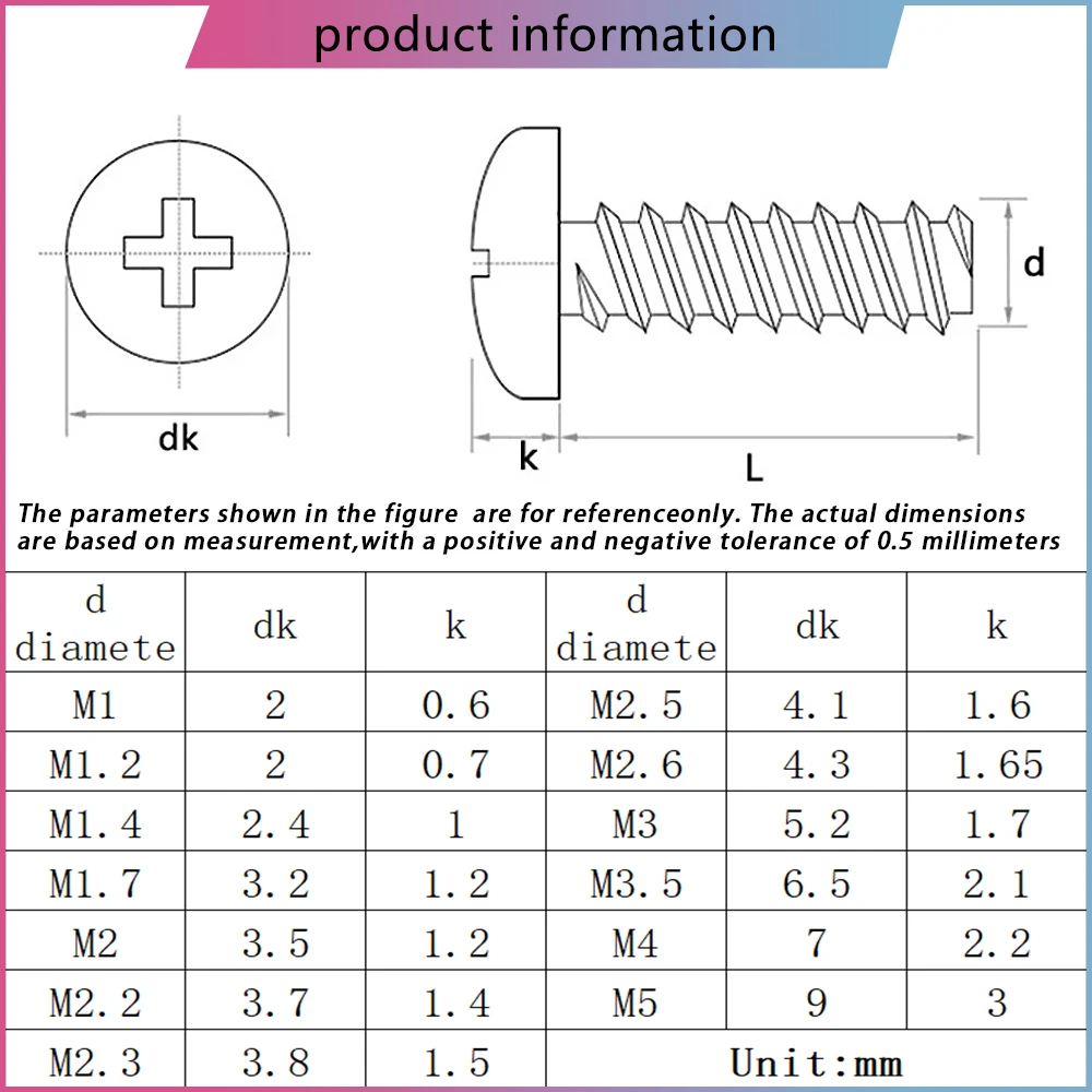 M1.2 M1.7 M2 M2.2 M2.5 M2.6 M3 M3.5 M4 M5 304 Stainless Steel Cross Recess Phillips Pan Round Head Flat End Self-Tapping Screws