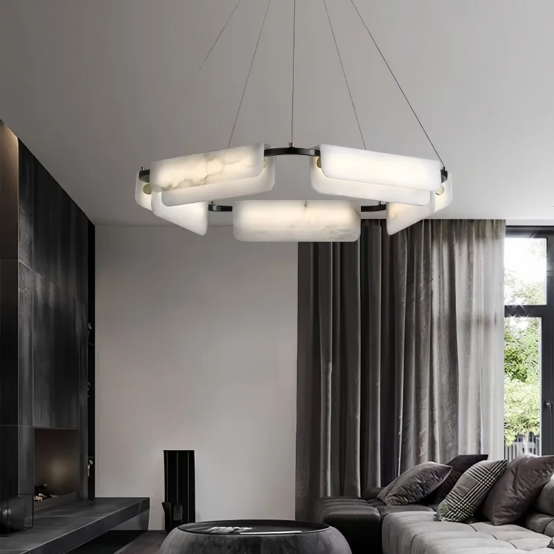 

Nordic Marble Living Room Pendant Light Modern Stone Dining Table Long Ceiling Chandelier Bedroom Tea Table Hotel Villa LED Lamp