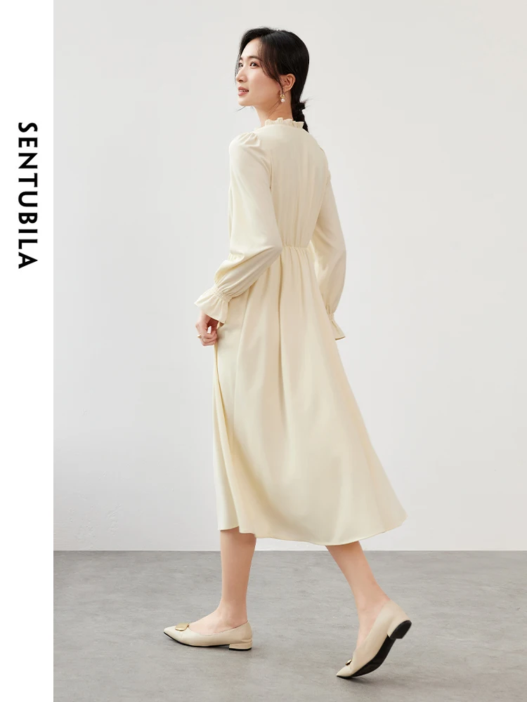 SENTUBILA Women French A Line Dresses 2024 Spring Autumn Wave Fold Puff Sleeve V Neck Retract Waist Solid Dress 143L56489