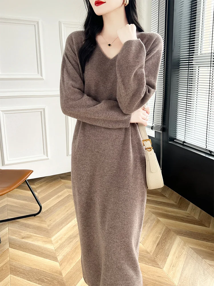 

2024 New 100% Merino Wool Women Sweater Dress V-Neck Pullover Long Dress Versatile Cashmere Knitwear Korean Popular Clothing