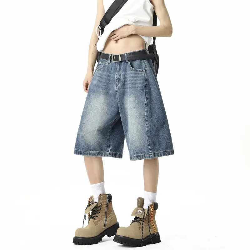 

East Rise American Retro Denim Five-Point Mid-Pants Summer Loose Straight ort Pants Trendy Men Large Size Casual Jeans