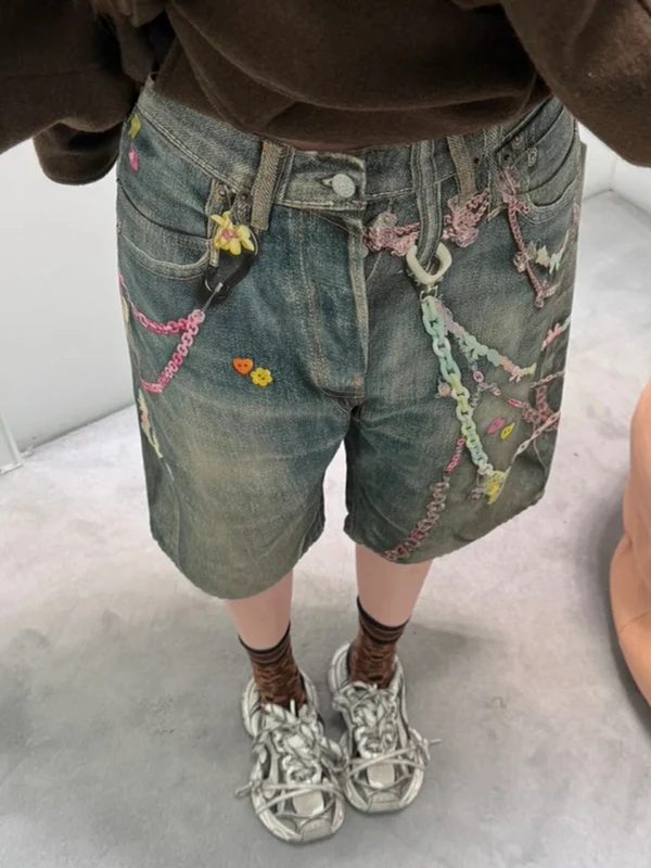 

Женские летние универсальные прямые джинсы с прямыми штанинами и 3D-принтом в стиле ретро с цветочным принтом