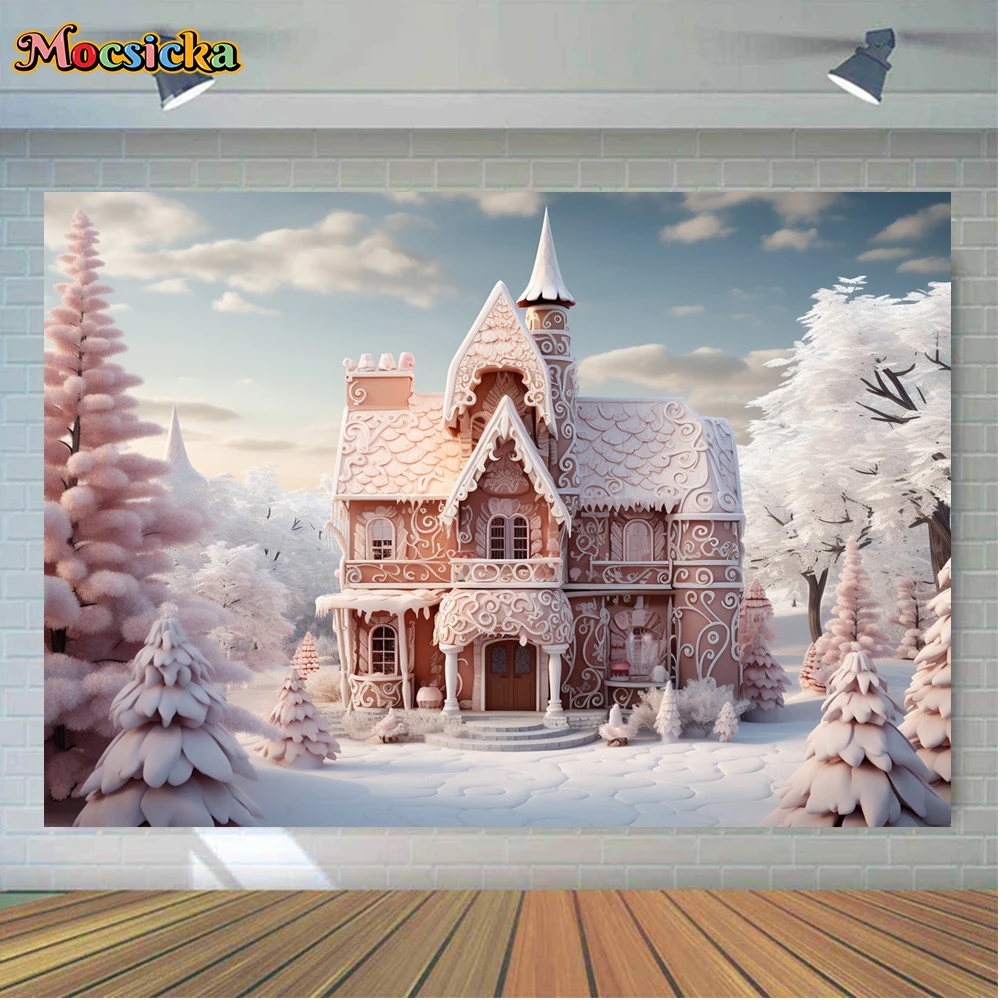 Mocsicka Winter Christmas Photography Background Pink Cottage Xmas Wreath Holiday Party Family Photo Backdrops Studio