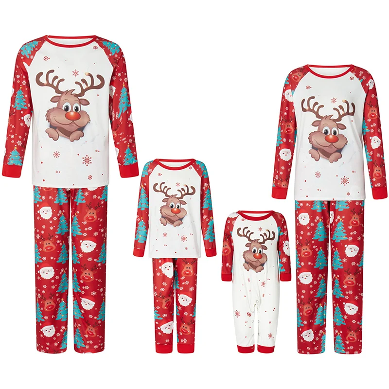 Christmas Pajamas for Family Matching Reindeer Print Long Sleeve Raglan Tops and Pants Set Cozy Winter Sleepwear Ensemble