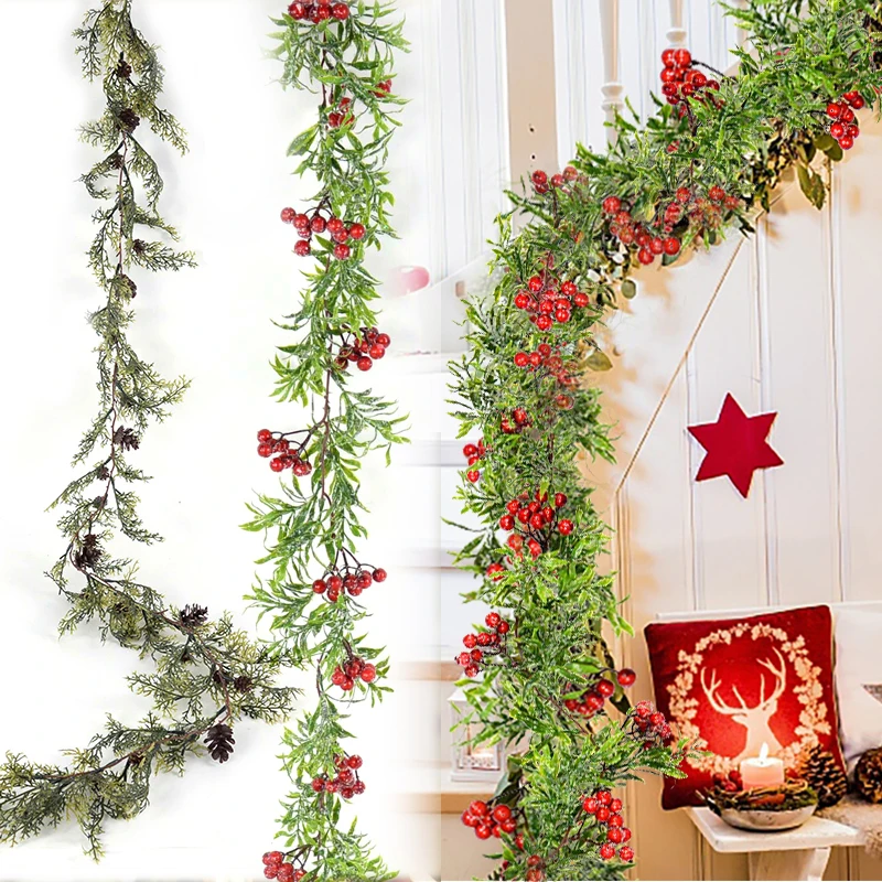 

1.5M Christmas Garland Artificial Pine Red Berries Holly Leaves Plant Vine Wreath For Chirstmas Home Decoration New Year Gifts