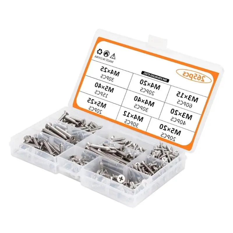 265pcs/set 304 Stainless Steel Self Tapping Screws Assortment Screws with Storage Box Various Size for Different Use