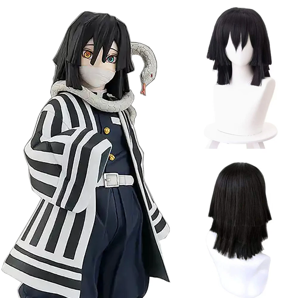 

Anime Demon Slayer Iguro Obanai Cosplay Synthetic Hair 16-Inch Black Layered Straight Hair Halloween Carnival Daily Party Wig