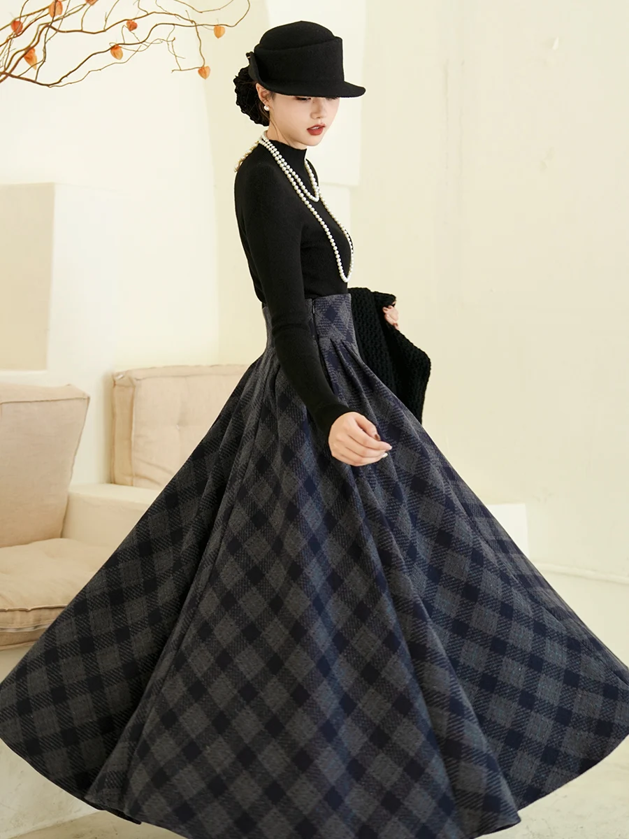 

TIYIHAILEY High Waist Long Maxi Plaid Wool Skirts Blue Thick Warm Winter Big Hem 2025 New A-Line Skirts With Pockets Zipper
